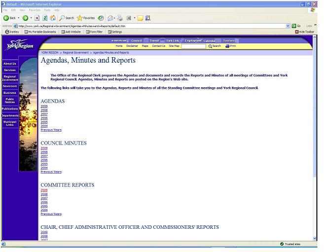 Screenshot of default Agendas, Minutes, Reports page